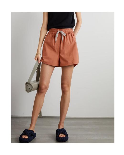Brunello Cucinelli Red Logo Beaded Drawstring Shorts