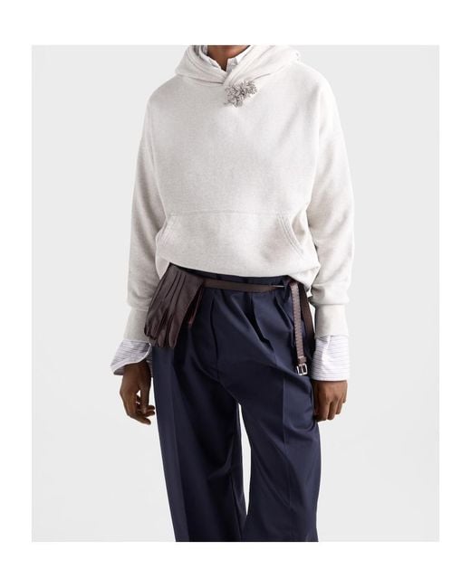 Prada White Cotton Fleece Hoodie With Jewel Brooch