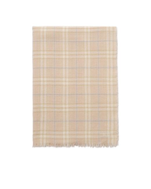 Burberry Natural Wide Embellished Check Wool Silk Blend Scarf