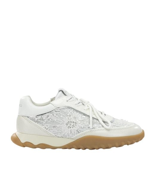 Pinko White Lace-Panelled Sequin-Embellished Sneakers