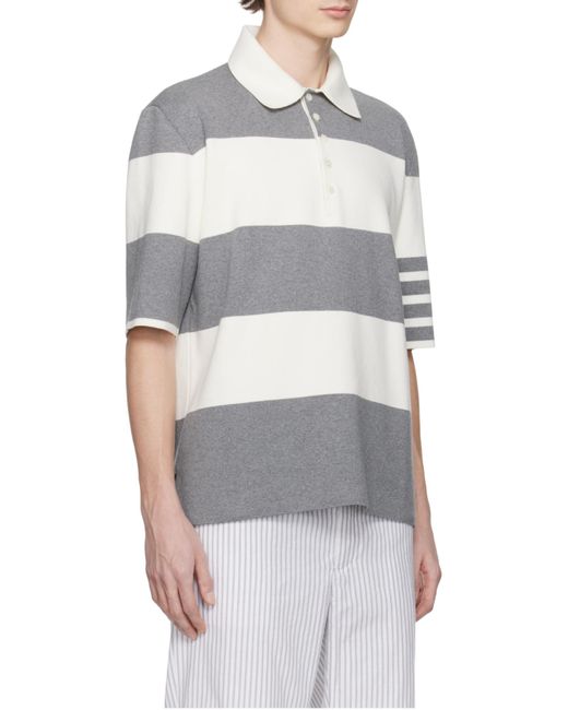 Thom Browne Gray Short-Sleeved Polo Shirt With Horizontal Stripes And Classic Collar for men