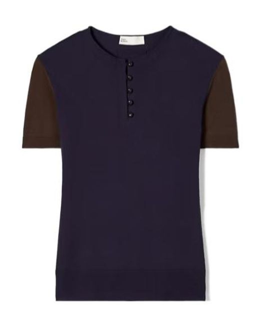 Tory Burch Blue Short-Sleeve Buttoned Wool T-Shirt