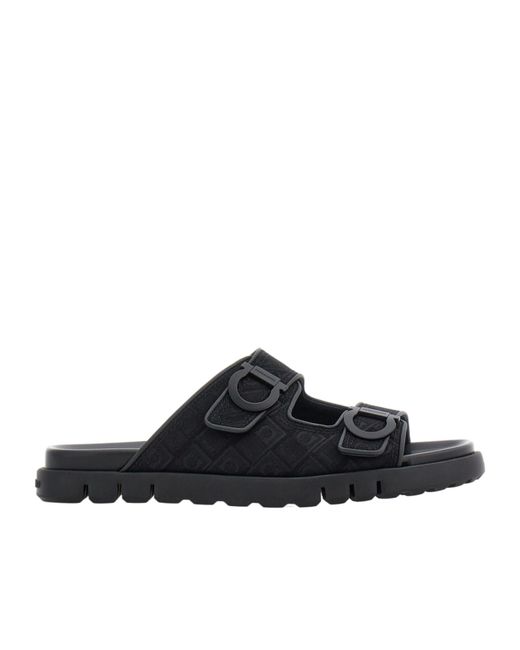 Ferragamo Black Logo Double Strap Slippers for men
