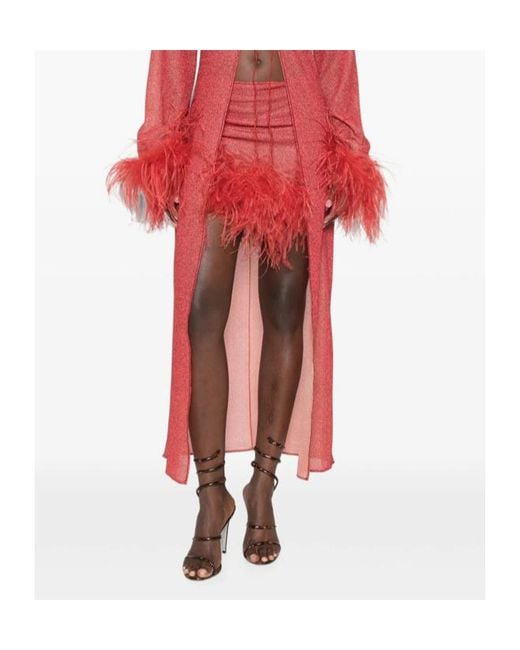 Oseree Red Feather-Decorated Midi Skirt