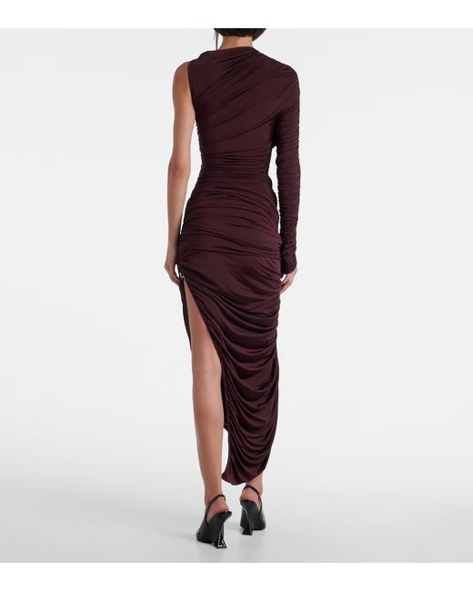 Mugler Purple Pleated Off-Shoulder Mid-Length Dress