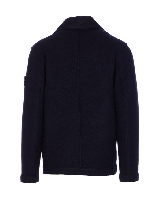 Stone Island Blue Logo Patch Double-Breasted Coat for men