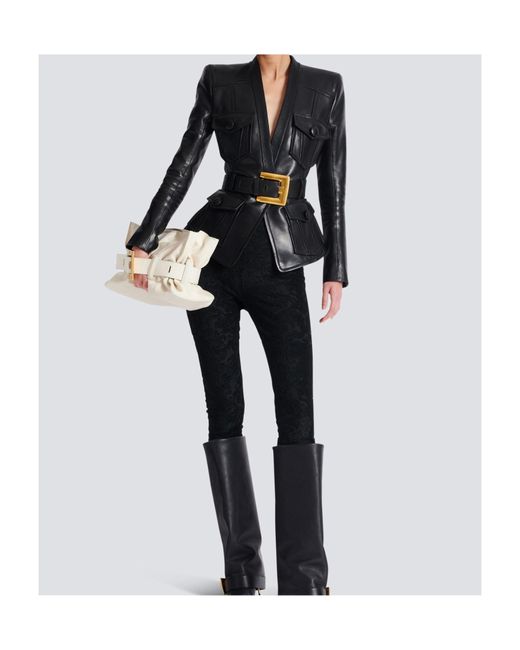 Balmain Black Belted 4 Pokets Fitted Lambskin Jacket