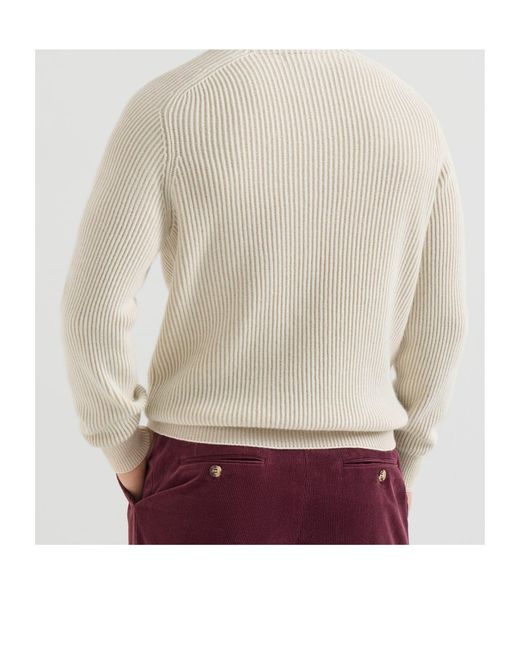 Brunello Cucinelli White Ribbed Mock-Neck Knitted Jumper for men