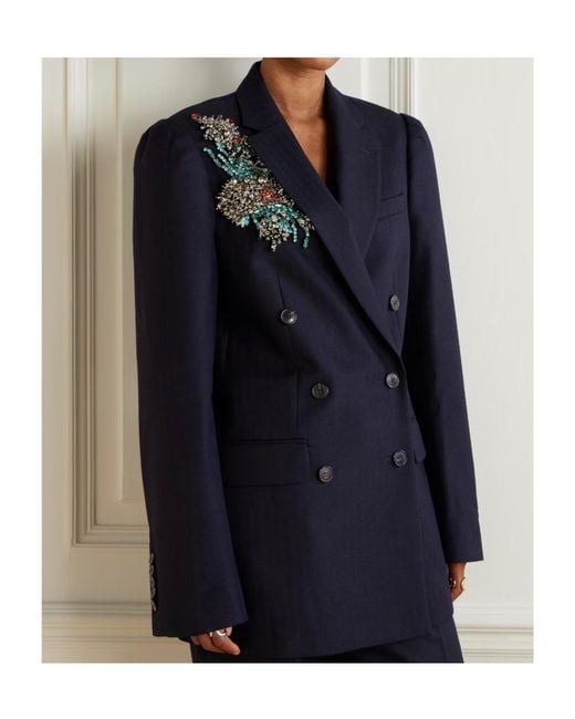 Dries Van Noten Blue Oversized Double-Breasted Embellished Wool Herringbone Blazer