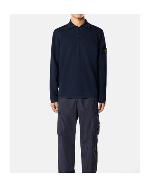 Stone Island Blue Long-Sleeved Knitted Polo Shirt for men