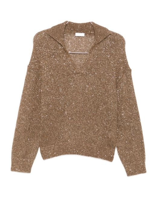 Brunello Cucinelli Brown Sequin-Embellished Polo-Collar Sweater