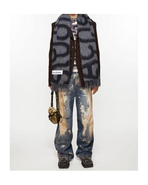 Acne Black Logo Patch Fringed Edge Scarf