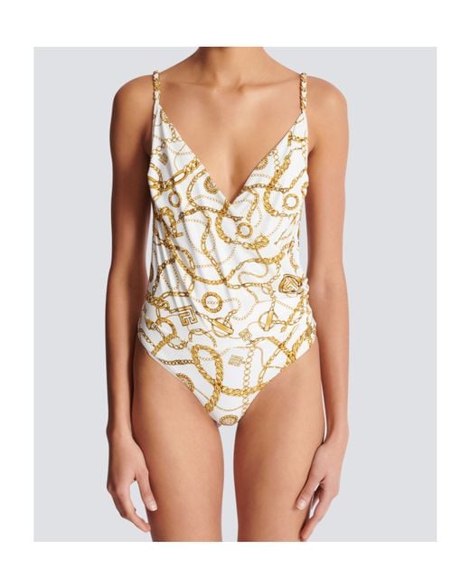 Balmain White Chaînes Pattern Printed One-Piece Swimsuit