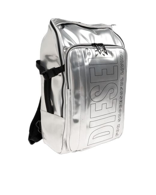 DIESEL Gray Logo Print Zip-Up Backpack for men