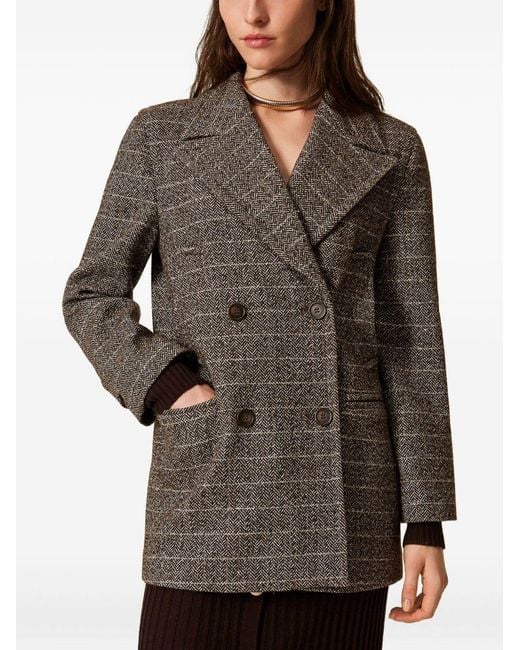 Twinset Brown Herringbone Double-Breasted Coat