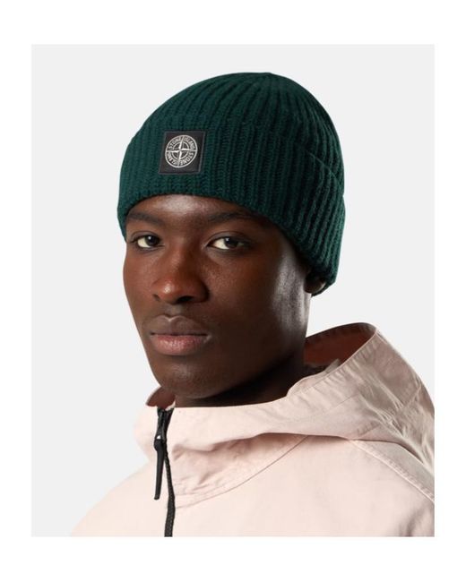 Stone Island Green Ribbed Knit Beanie With Compass Logo Patch for men