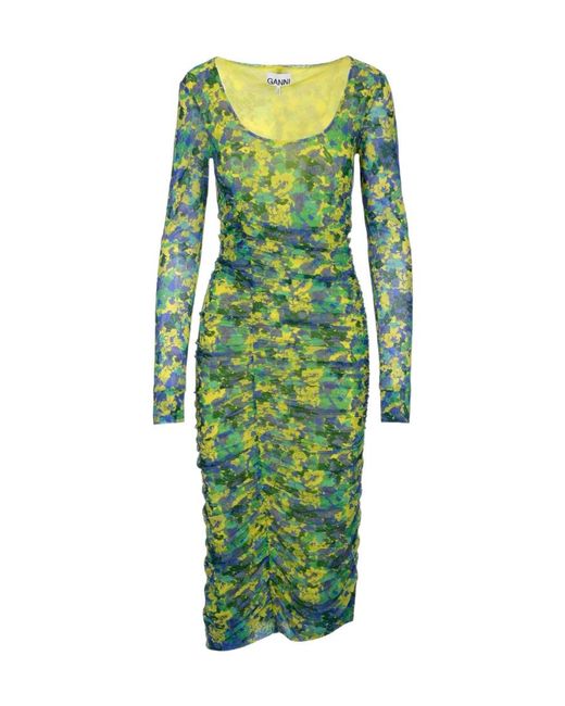 Ganni Green Sulphur Spring Ruched Mesh Dress