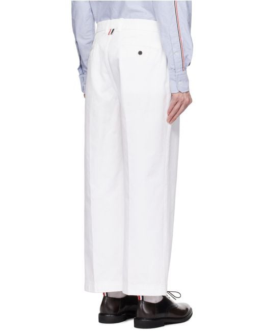Thom Browne White Pressed Crease Tapered Leg Chinos for men