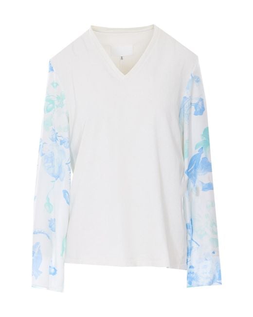 Maison Margiela White Floral-Sleeve V-Neck T-Shirt