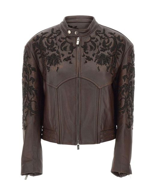 JACQUES WEI Black Leather Jacket With Floral Embroidery