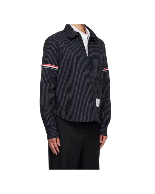 Thom Browne Black Pinstriped Zip-Up Shirt for men