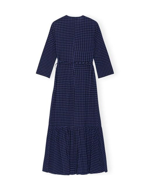 Ganni Blue Checkered Seersucker Gathered Midi Wrap Dress