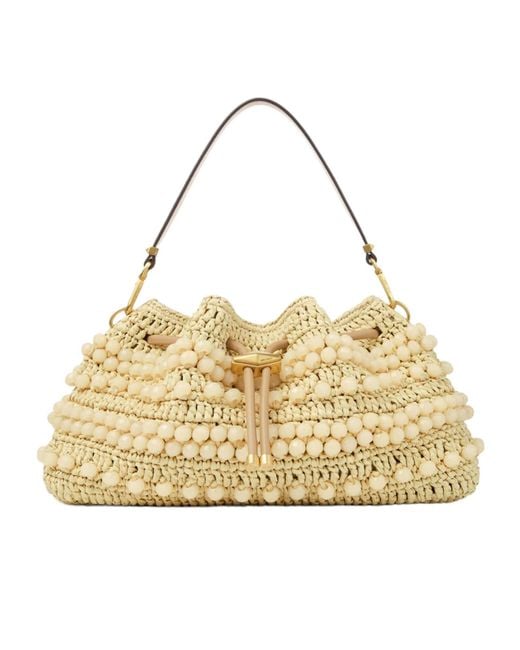 Jimmy Choo Metallic Natural And Cappuccino Beaded Raffia Bucket Bag