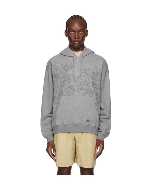 Versace Gray Milano Stamp-Embroidered Drawstring Hoodie for men