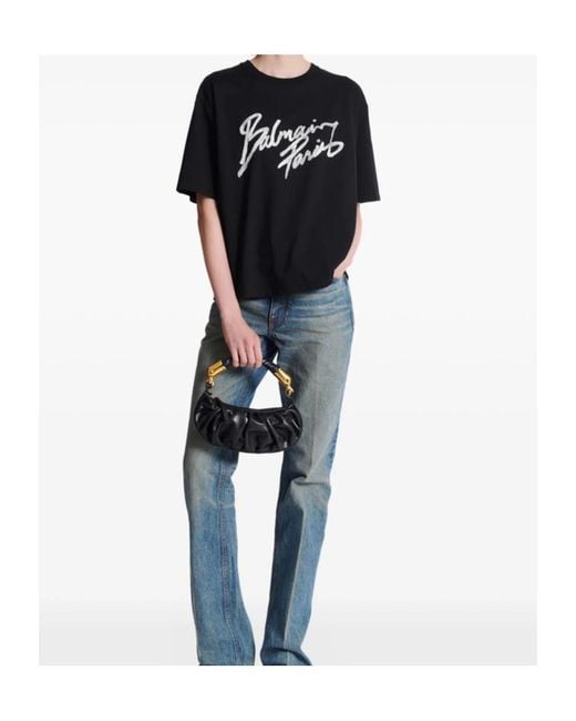Balmain Black Logo Brush Print Boxy T-Shirt
