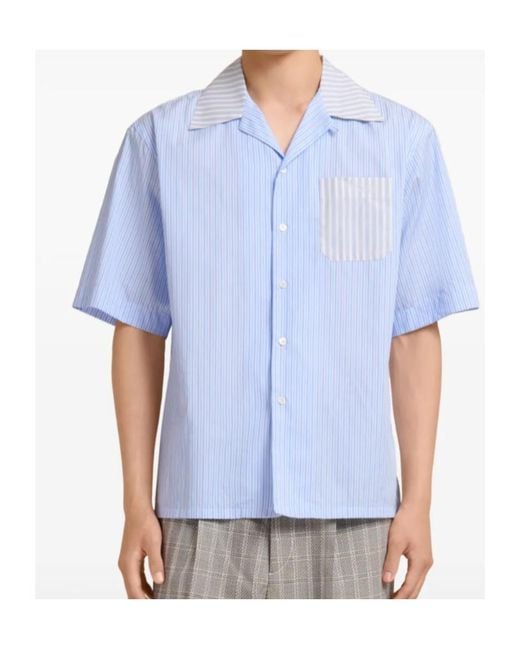 Marni Blue Striped-Pattern Short-Sleeved Shirt for men
