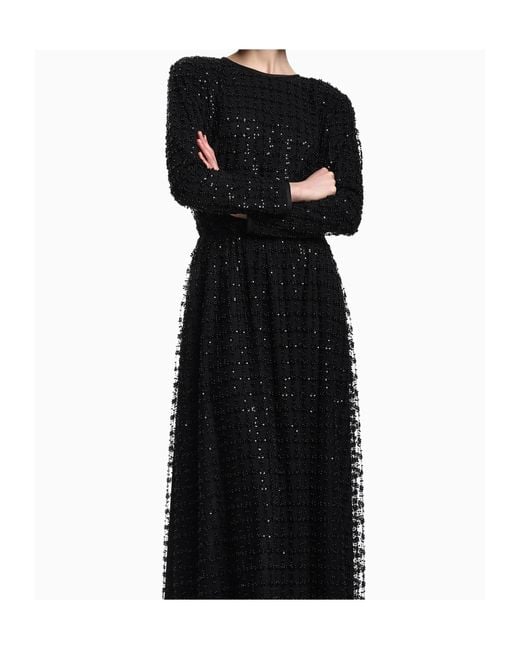 Emporio Armani Black Tulle Long Dress With Sequin And Bead Embroidery