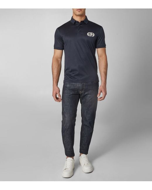 Emporio Armani Blue Logo Patch Short-Sleeved Polo Shirt for men