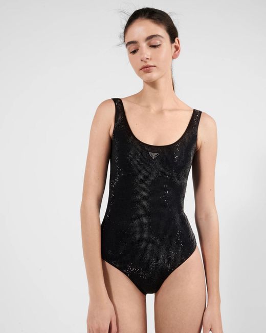 Prada Black Jersey One-Piece Swimsuit With Rhinestones