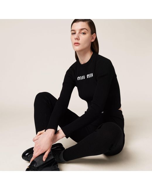Miu Miu Black High Waist Logo Band Ribbed Leggings