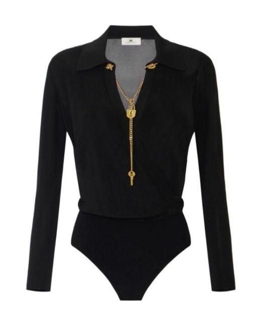 Elisabetta Franchi Black Chain-Detail Long-Sleeve Bodysuit
