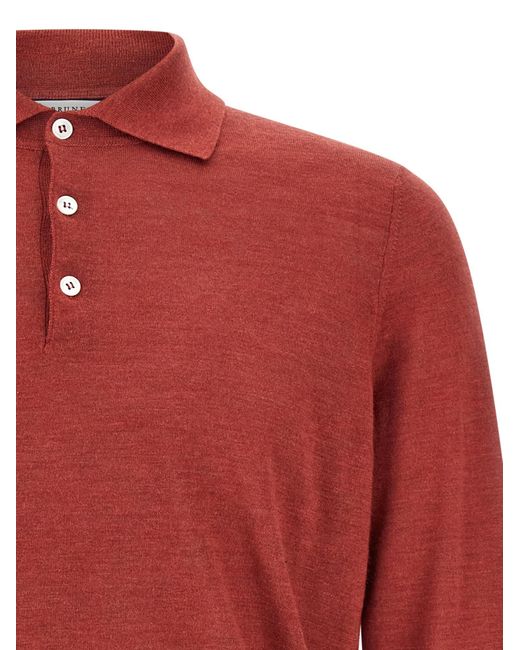 Brunello Cucinelli Red Long Sleeved Knitted Polo Shirt for men