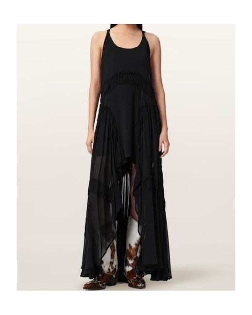 AllSaints Black Dorina Ruffled High-Low Maxi Dress