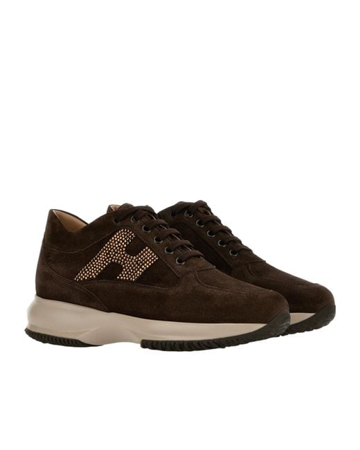 Hogan Brown Crystal-Embellished Suede Sneakers