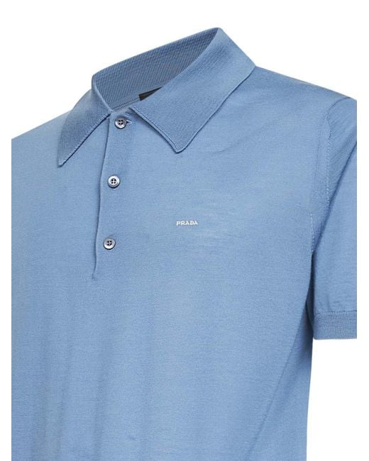Prada Blue Short-Sleeved Knitted Polo Shirt for men
