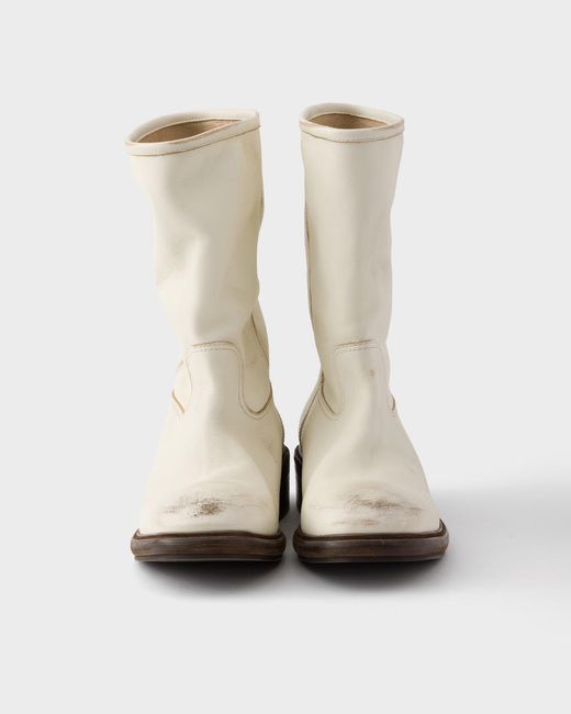 Prada Natural Leather Vintage-Effect Mid-Calf Boots 30