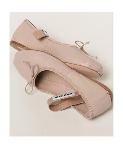 Miu Miu Pink Logo-Printed Bow Detailed Ballerina Shoes