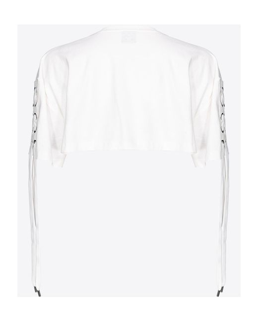 Pinko White Lace-Up Cropped T-Shirt