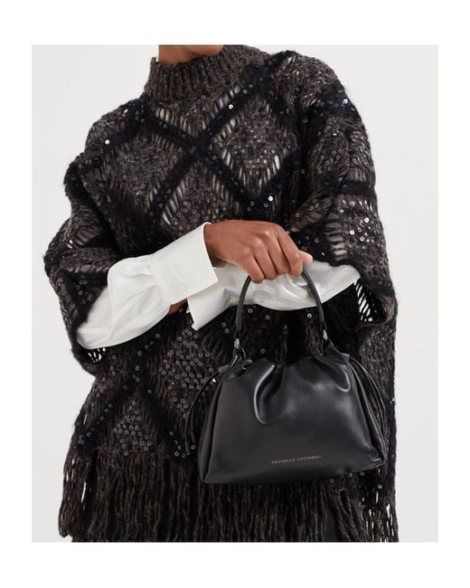 Brunello Cucinelli Black Embellished Drawstring Shoulder Bag