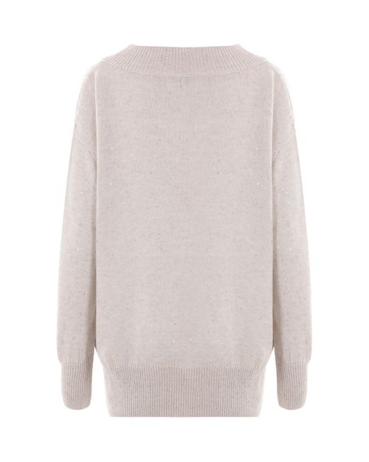 Brunello Cucinelli White V-Neck Sequin Embellished Knitted Jumper