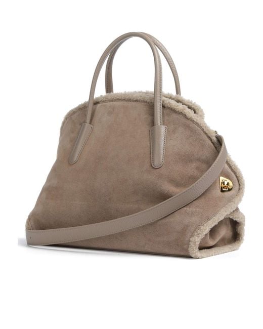 Coccinelle Natural Shearling-Trim Suede Shoulder Bag