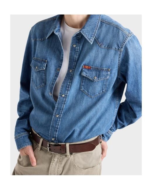 7 For All Mankind Blue Long Sleeve Western Shirt for men