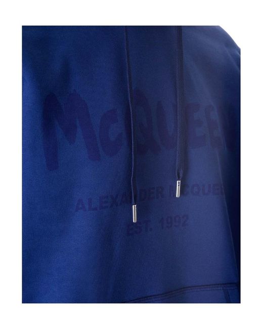 McQueen Blue Logo Printed Drawstring Hoodie for men