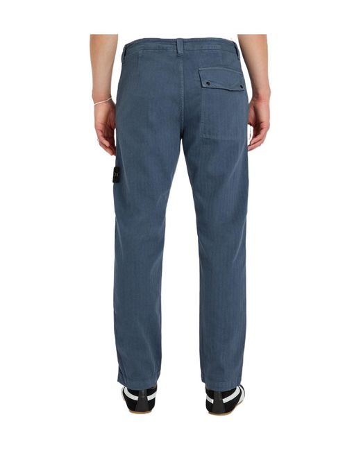 Stone Island Blue Herringbone Cotton Trousers for men