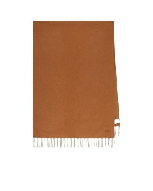 Max Mara Brown Logo Embroidered Fringed Edge Scarf