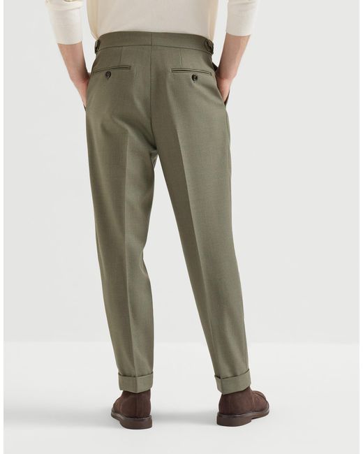 Brunello Cucinelli Green Virgin-Wool Diagonal Trousers With Reversed Double-Pleats And Waist-Tabs for men